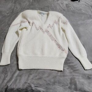 Vintage In Effect Sweater Womens Large White Angora V Neck 80s Geometric Knit